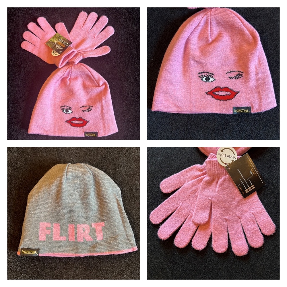 Pacific Trail Pink Knit Wink Face w Lips FLIRT Reversible Hat & Gloves Set NEW